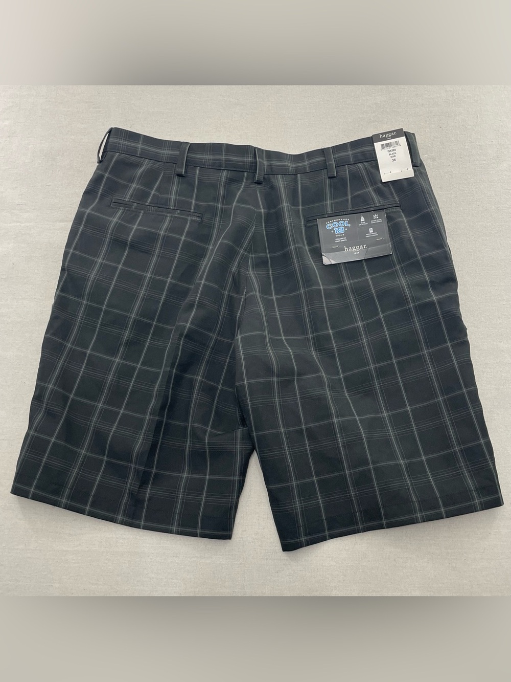 Haggar Cool 18 Men's Shorts 36 Plaid Black Gray Flat Front Performance NWT